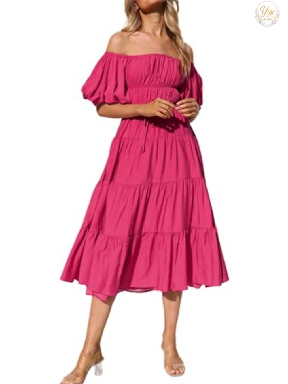 R.Vivimos Off Shoulder Puff Sleeve A-Line Midi Dress Summer